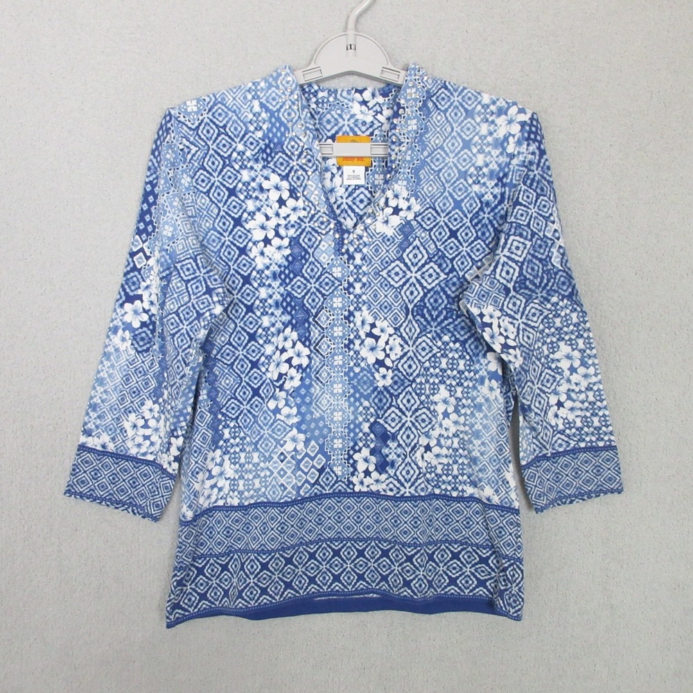 Ruby Rd Top Womens Small Blue White Floral Geometric Beaded 3/4 Sleeve 48455